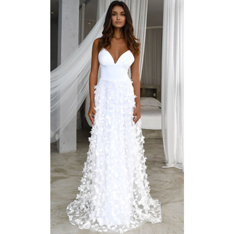 Women Lace Wedding Dress Fashion Women's Wear Sexy Deep V Strap Dress