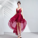 Homecoming Dresses Deep V-neck Strap Wine Red Front Short Back