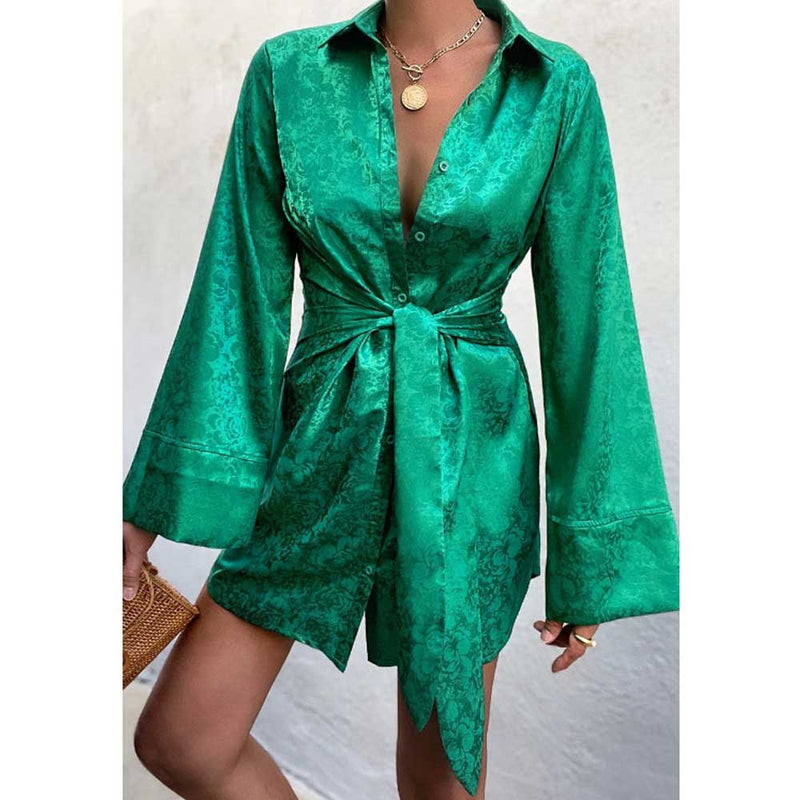 Women Fall Fall Satin Print Flare Sleeve Waist Belt Dress