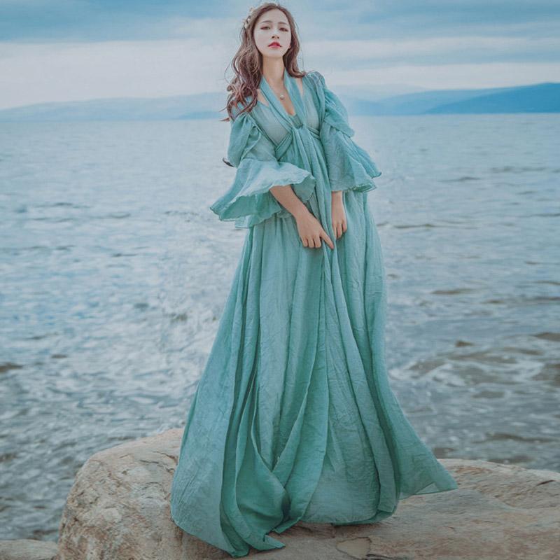 Retro Flowy Large Swing Ethnic Style Lantern Sleeve Cotton and Linen Vacation Maxi Dress Cottagecore Aesthetic Long Dress