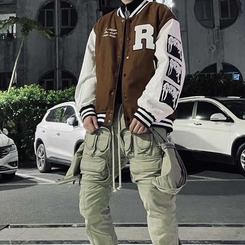 Brown Varsity Jacket Revenge Varsity Jacket Skull Embroidery Leather Sleeve Stitching Baseball Uniform Cotton Clothes Jacket Coat