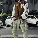 Brown Varsity Jacket Revenge Varsity Jacket Skull Embroidery Leather Sleeve Stitching Baseball Uniform Cotton Clothes Jacket Coat