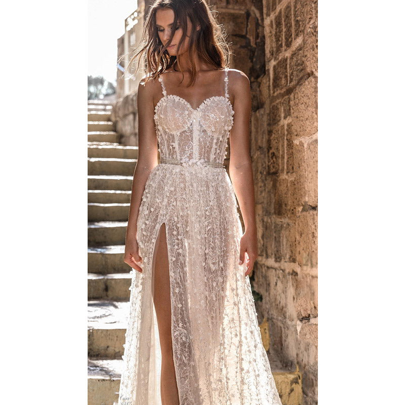 See through Wedding Dress Fall/Winter Sexy Suspenders Slit Formal Dress Formal Dress