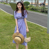 Aestitic Dress Summer Square Collar Puff Short Sleeve Purple Plaid Dress