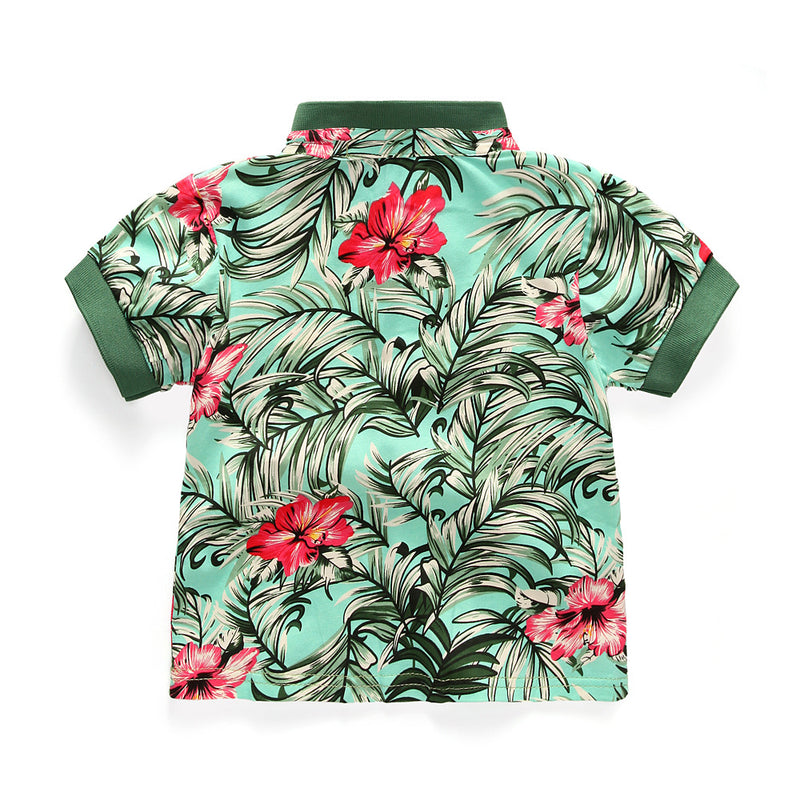 Children Boy Co Ord Summer Short Sleeve Willow Leaf Flower Lapel Shirt White Worn Shorts 2 Piece Set