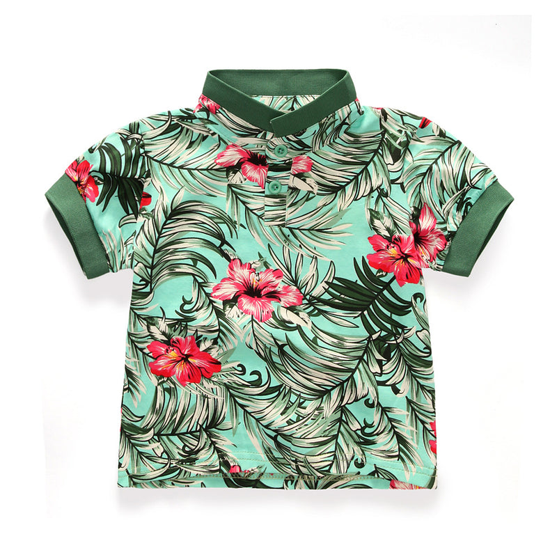 Children Boy Co Ord Summer Short Sleeve Willow Leaf Flower Lapel Shirt White Worn Shorts 2 Piece Set