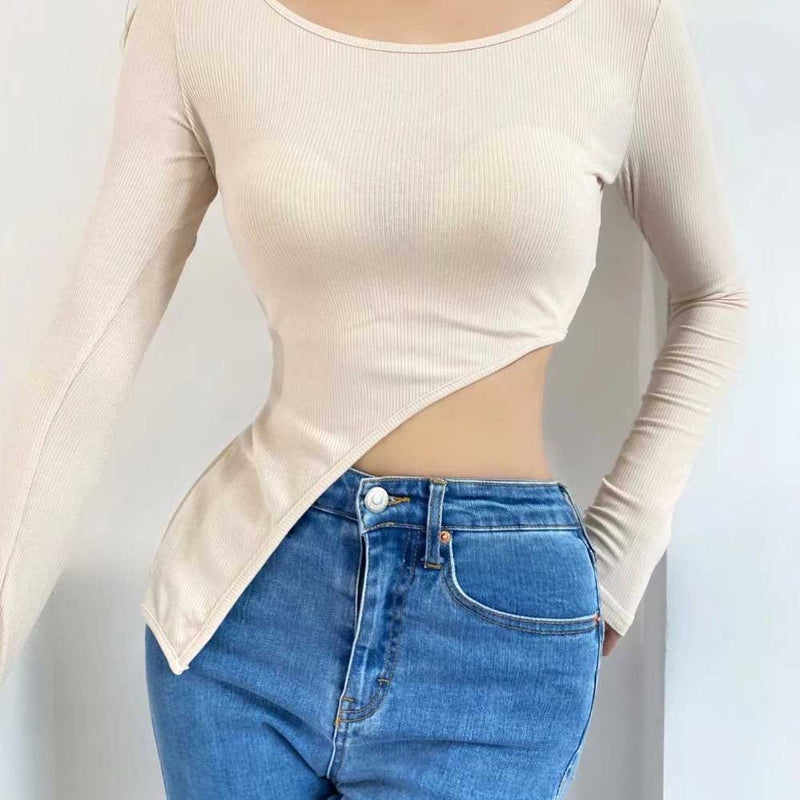 Women Fall Fall Fall Five-Color Hem Irregular Long Sleeve Top Slim-Fit Base T-shirt
