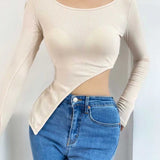 Women Fall Fall Fall Five-Color Hem Irregular Long Sleeve Top Slim-Fit Base T-shirt