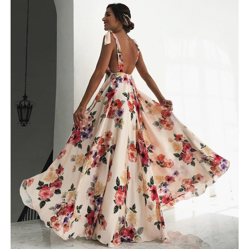 Sexy Sling Backless Dress Beach Holiday Floral Print Long Floral Tulle Cottagecore Aesthetic Dresses