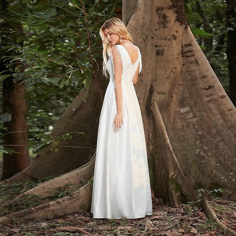 Bohemian Chic Wedding Guest Dress Sexy Deep V Belt Sequined Dress Elegant Evening Dress