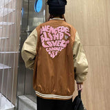 Brown Varsity Jacket Fashionable Coat Women's Autumn Loose Design Flocking Letter Street Retro Baseball Uniform