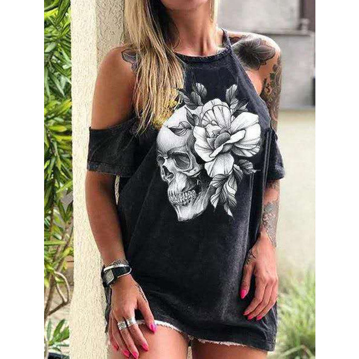 Skull Dress Loose off-Shoulder Skull Print T-shirt