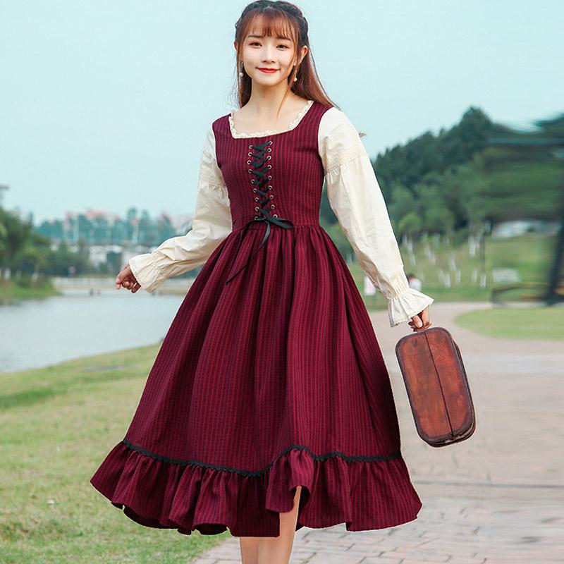 Cottagecore Lace Up Vintage Victorian Burgundy Dress Cottagecore Winter Clothes
