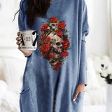 Skull Dress Casual round Neck T-shirt Women's Long Sleeve Pocket Loose Dress
