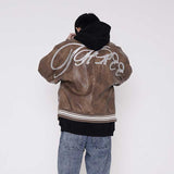 Brown Varsity Jacket Lawfoo Autumn and Winter Men's Retro Alphabet Embroidered Leather Jacket Men's Baseball Jersey