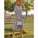 Gingham Dress Spring/Summer Sexy V-neck Short Sleeve Plaid Stitching Long Dress Women