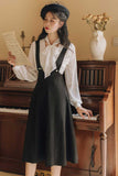 Early Autumn Outfit White Bow Top Black Suspender Dress Fashion Dress  Cottagecore Academia Fashion Dresses