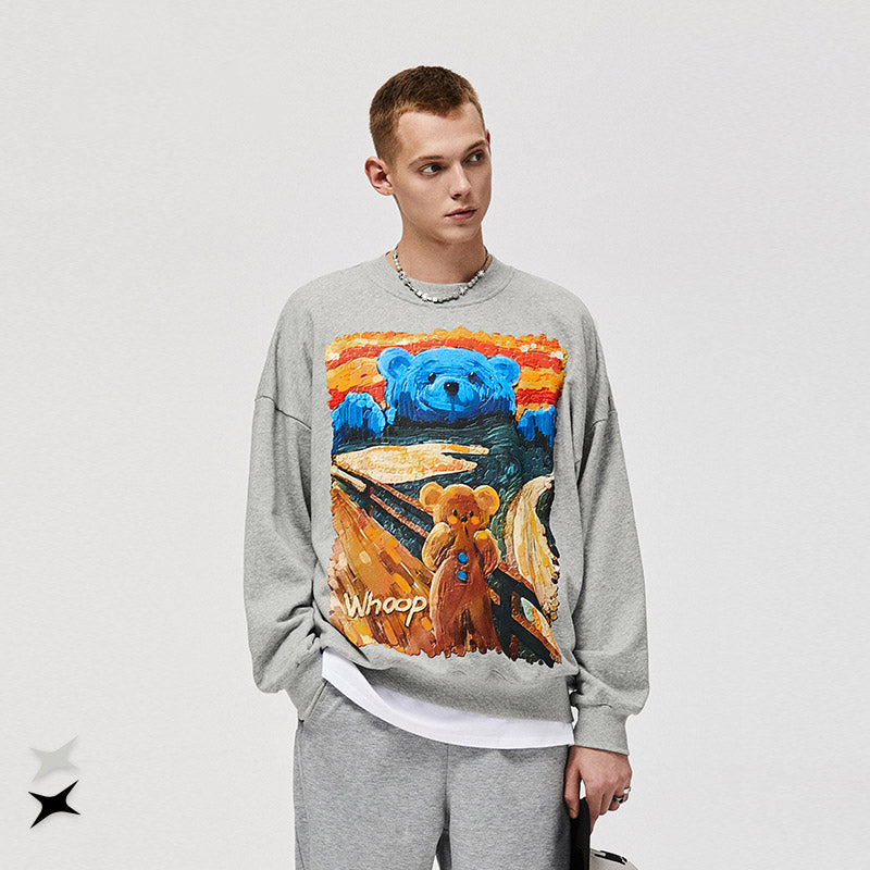Preppy Aesthetic Sweatshirt Men's Oil Painting Cartoon Bear Hoodie Men's Autumn