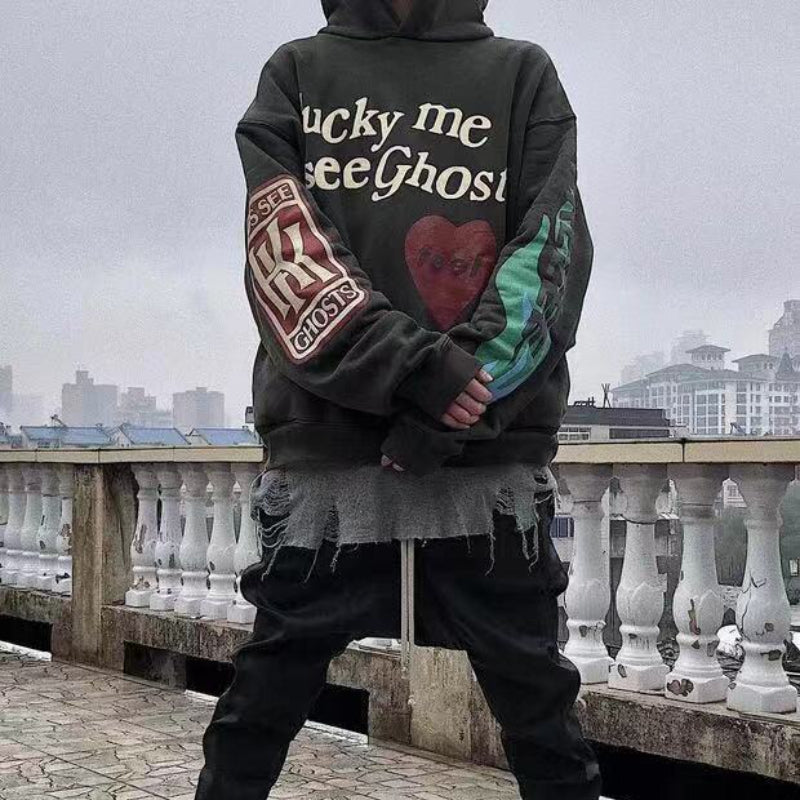 Kanye West KSG Hoodie Love Heart Alphabet Graffiti Print Velvet Sweater Coat