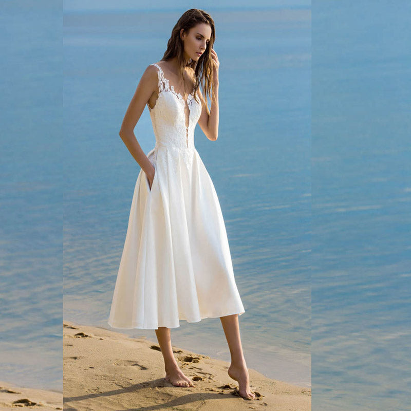 Women Lace Wedding Dress Summer Dress Sexy V-neck Braces in White Dress