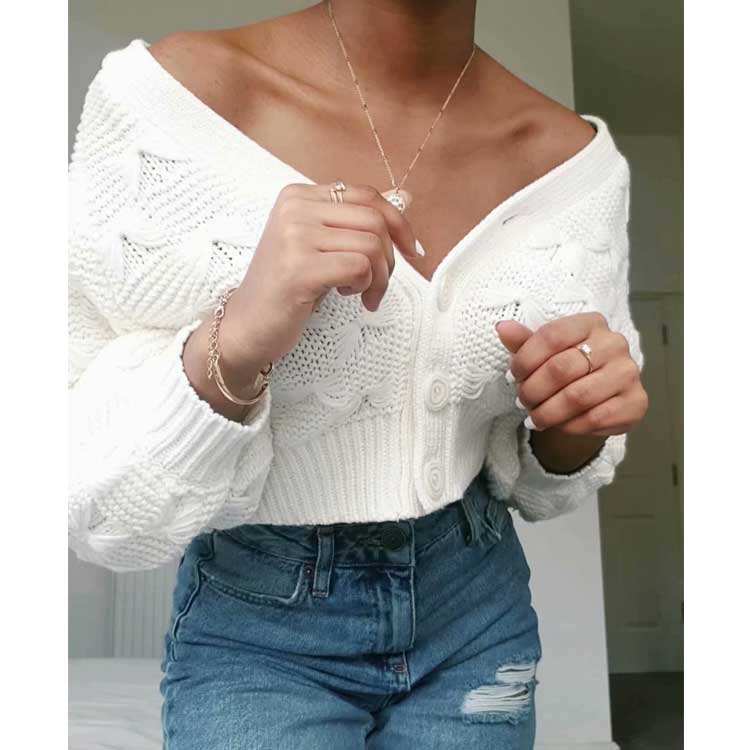Women Fall Fall Ruyi Knot Knitted Coat V-neck Single Breasted Short Cardigan