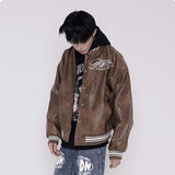 Brown Varsity Jacket Lawfoo Autumn and Winter Men's Retro Alphabet Embroidered Leather Jacket Men's Baseball Jersey