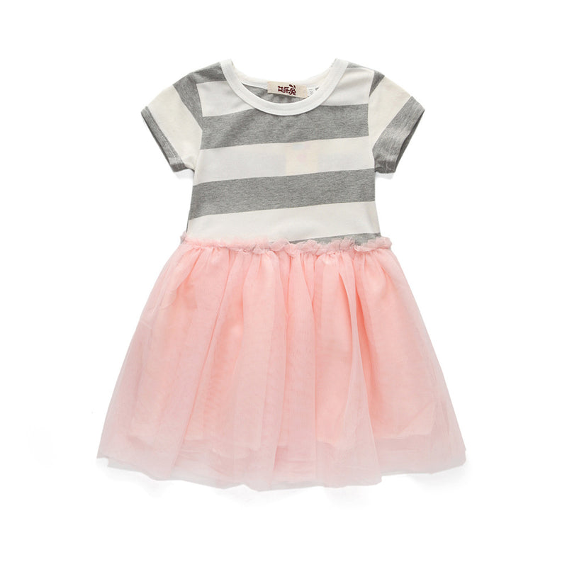 Girl Dress Cute Short Sleeve Striped Pink Dress