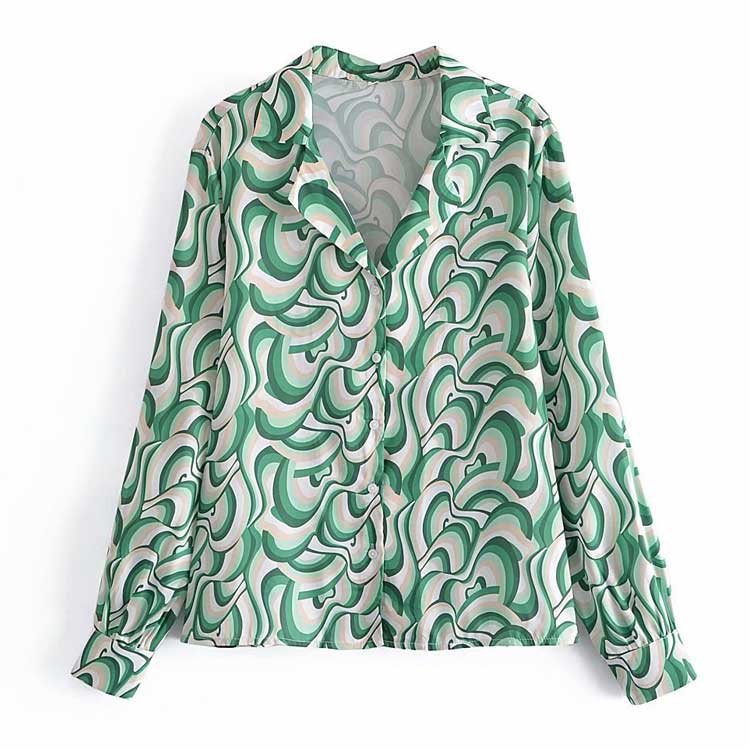 Women Fall Fall Satin Psychedelic Printing Lapel Shirt Single-Breasted Top
