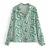 Women Fall Fall Satin Psychedelic Printing Lapel Shirt Single-Breasted Top