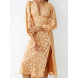 Women Fall Fall Long Sleeve Jacquard Sexy Side Slit Dress V-neck Waist-Slimming Long Dress