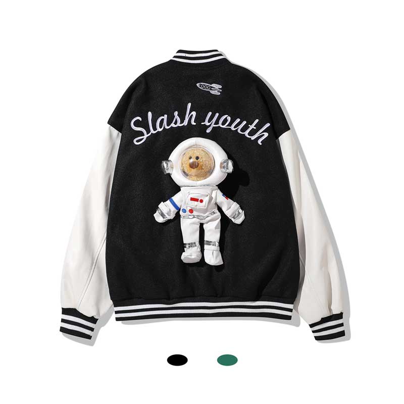 The Bears Varsity Jacket Street Fall/Winter Jacket Men's Astronaut Bear Retro Baseball Uniform Loose Couple Coat