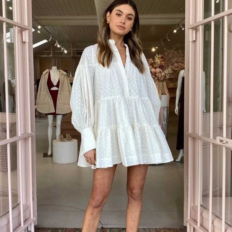 Women Fall Fall Embroidered Small Stand-up Collar Puff Sleeve Mini Dress