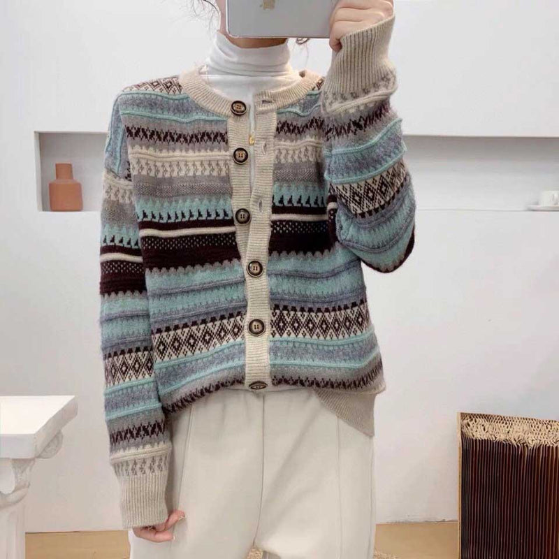 Fair Isle Sweater Cottagecore Outfits for Women Loose Retro Color Jacquard Thermal Sweater Coat