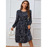 Nina Parker Graffiti Dress Fashion Lace-up Waist-Controlled Long Sleeves Dress
