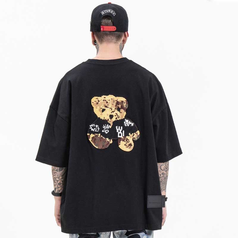 Oversized 90S T Shirt Spring and Summer High Street Bear Embroidery Letter Adhesive round Neck T-shirt for Men and Women