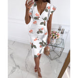 Nina Parker Graffiti Dress Slim Fit Waist Trimming Ruffles Sheath Dress