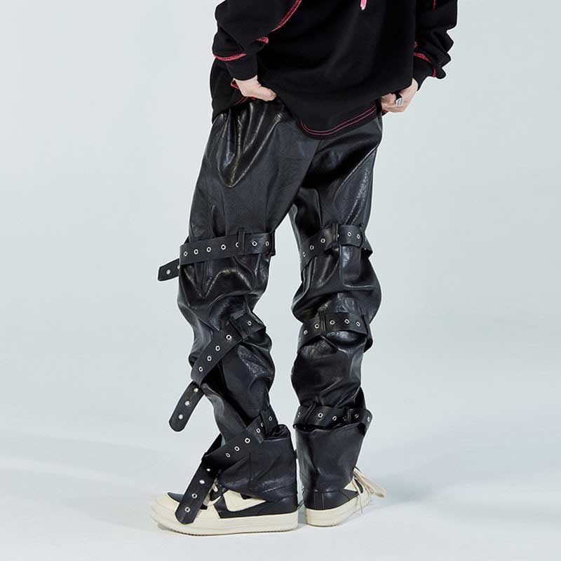 Mens Fall Outfits High Street Strap PU Leather Wide-Leg Pants Male Couple Straight-Leg Trousers