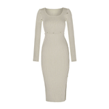 Women Spring Dress Solid Color Long Sleeve Knitted Tight Dress Split Skirt Suit Detachable Design