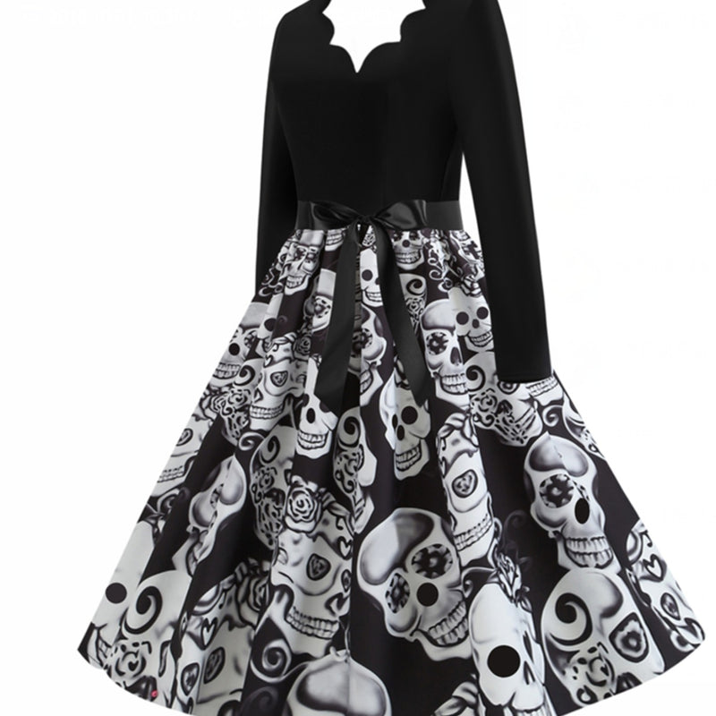 Skull Dress Women's V-neck Long Sleeve Color Contrast Patchwork Printed