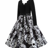 Skull Dress Women's V-neck Long Sleeve Color Contrast Patchwork Printed