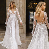 Women Lace Wedding Dress Sexy Lace Long Sleeve Dress Evening Dress