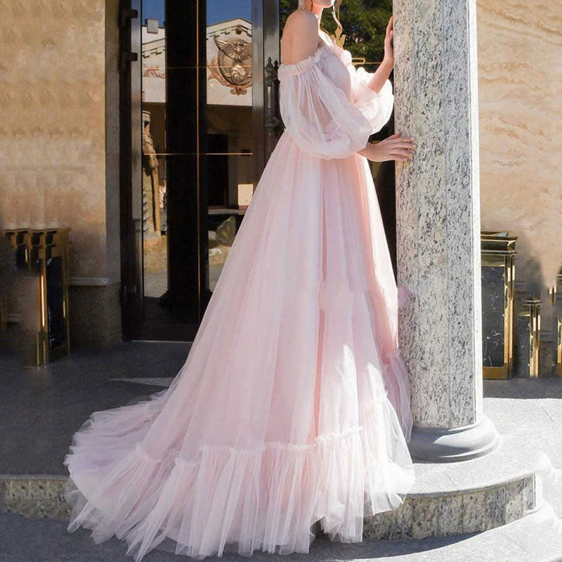 Bohemian Chic Wedding Guest Dress off-Shoulder Mesh Long Wedding Dress Large Swing