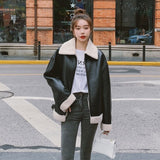 Cute Leather Jacket Women's Winter Leather Coat Fleece-Lined Thickened Motorcycle Clothing