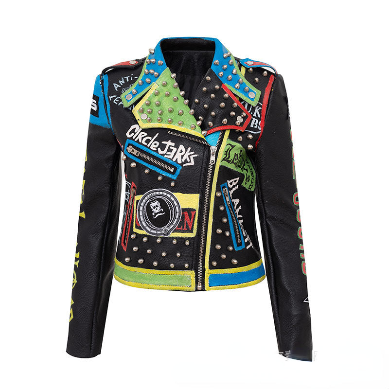 Punk Rock Jacket Printed Rivets Short Punk Motorcycle Clothing Leather Coat for Women
