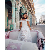 Bridesmaid Dress Amoi Women's Ruffled Hollow out Wide Hem Lace Dress