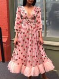 Pink Long Sleeve Strawberry Dress Cottagecore Midi Dress Prom Dress Aesthetic Fairycore Dress Princess Gown