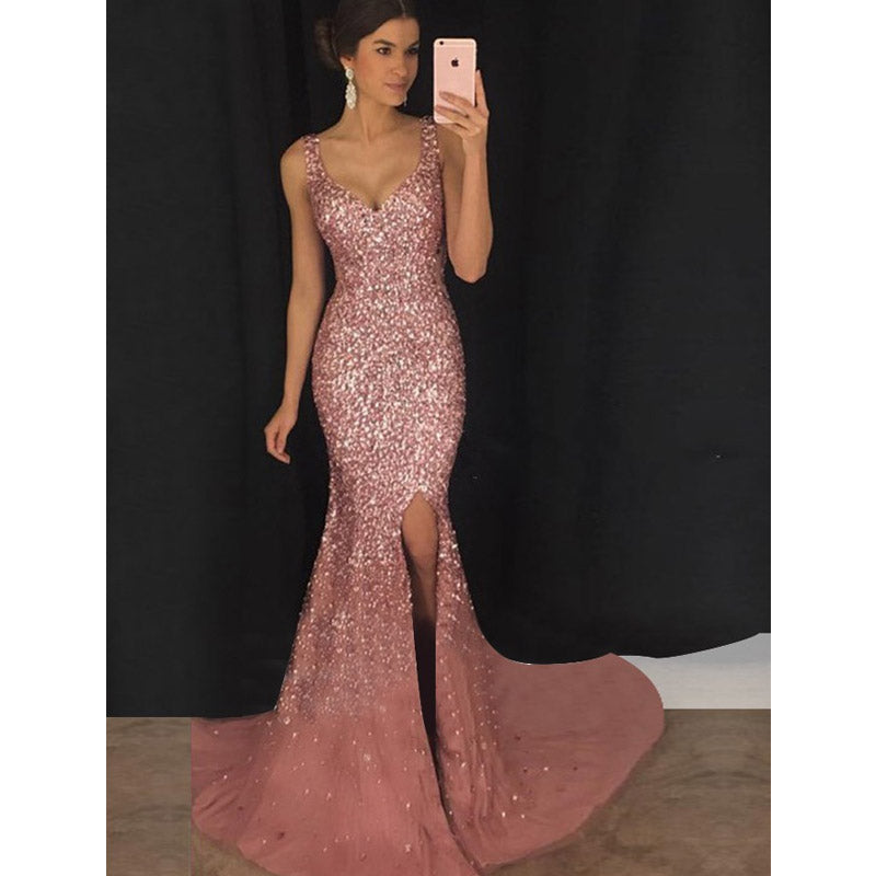 Formal Dresses & Gowns Women's Dress Sexy Deep V Camisole Gown Slim-Fit Sequined Long Dress
