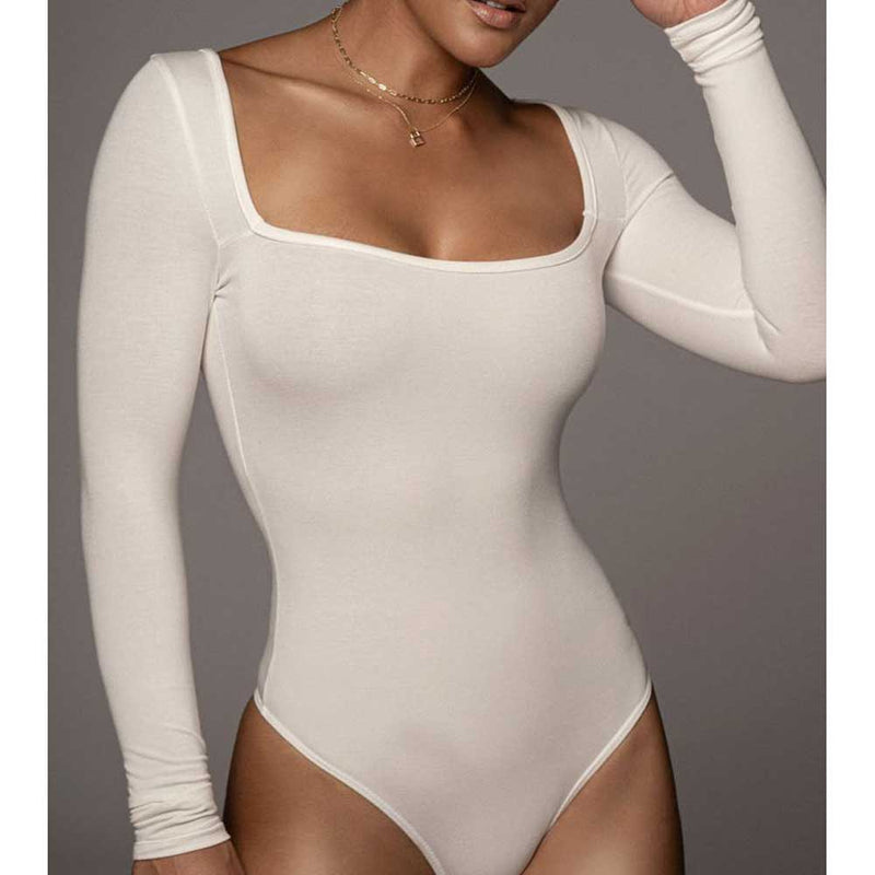 Women Fall Fall Four-Color Square Collar Stitching Jumpsuit Slim Fit Bottoming Top