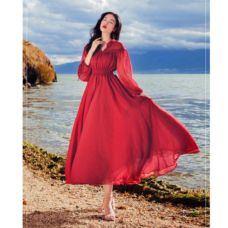 Bright Red Dress Retro Chiffon Seaside Holiday Long Dress Bohemia Retro Vintage Cottagecore Aesthetic Flowy Victoria Cottage Core Boho Dress