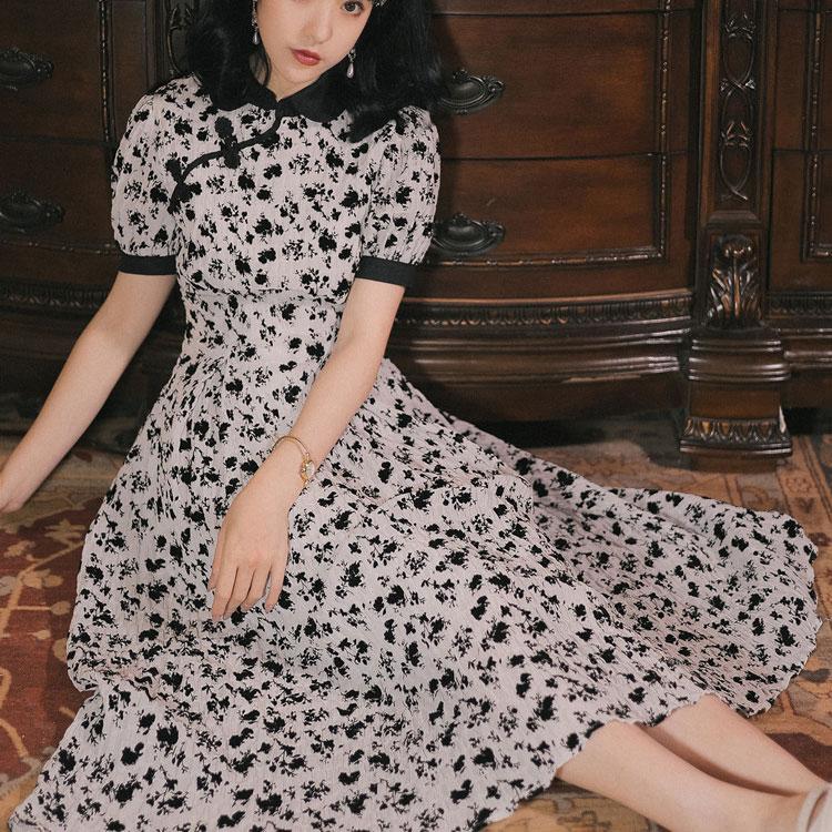 Women Cottagecore Dress French Retro Stand Collar Black and White Color Matching Cheongsam Summer